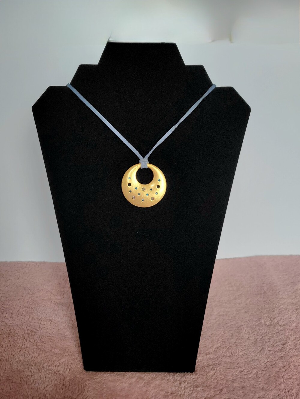 ​Lia Sophia Gold Tone Crescent Pendant Necklace Teal Rhinestone Blue Cord